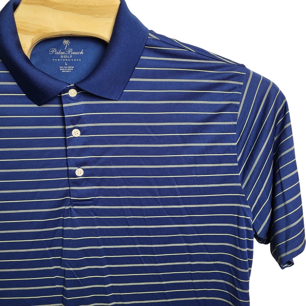 Palm Beach Golf Performance Men's Large‎ Blue White Stripe Polo Shirt Sports